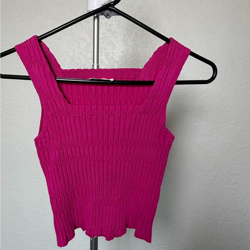 Ribbed Square-Neck Crop Tank Top Sweater - Hot Pink